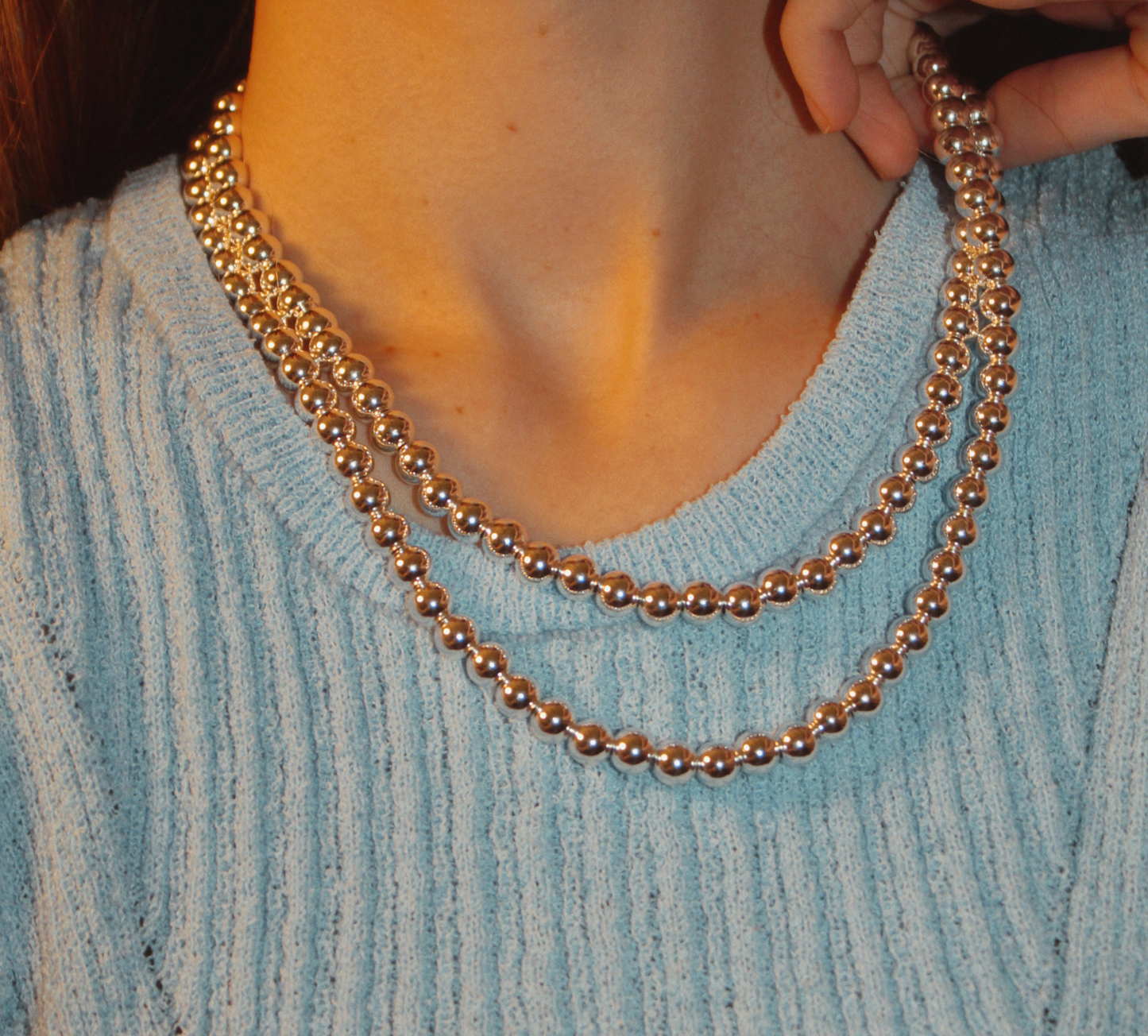 8mm Silver Kris Bead Necklace