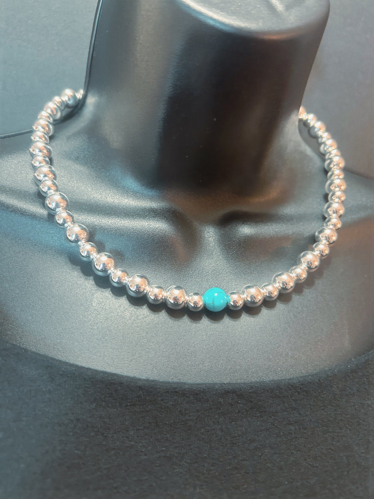 Silver Bead Strand with Teal Cassandra Bead