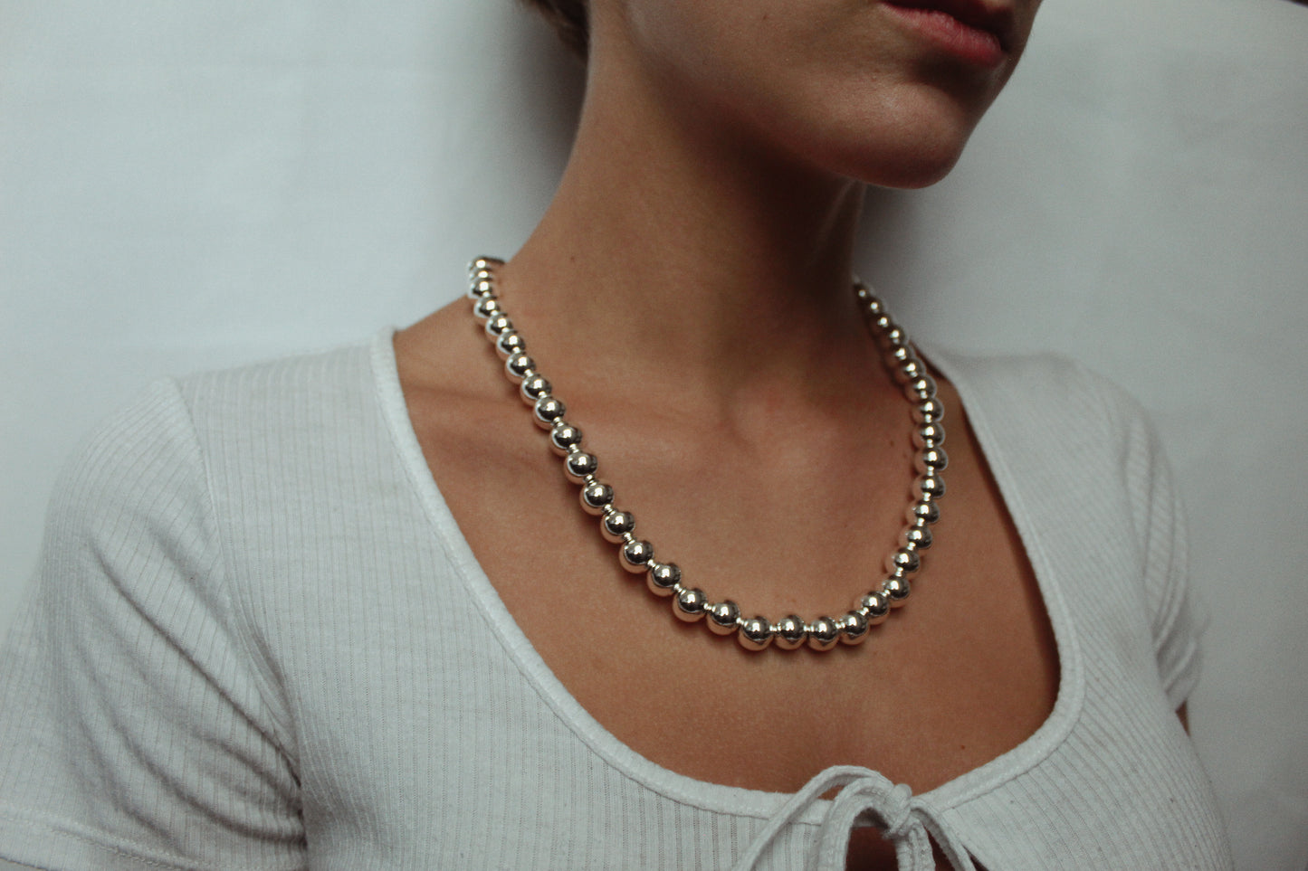 10mm Silver Kris Bead Necklace