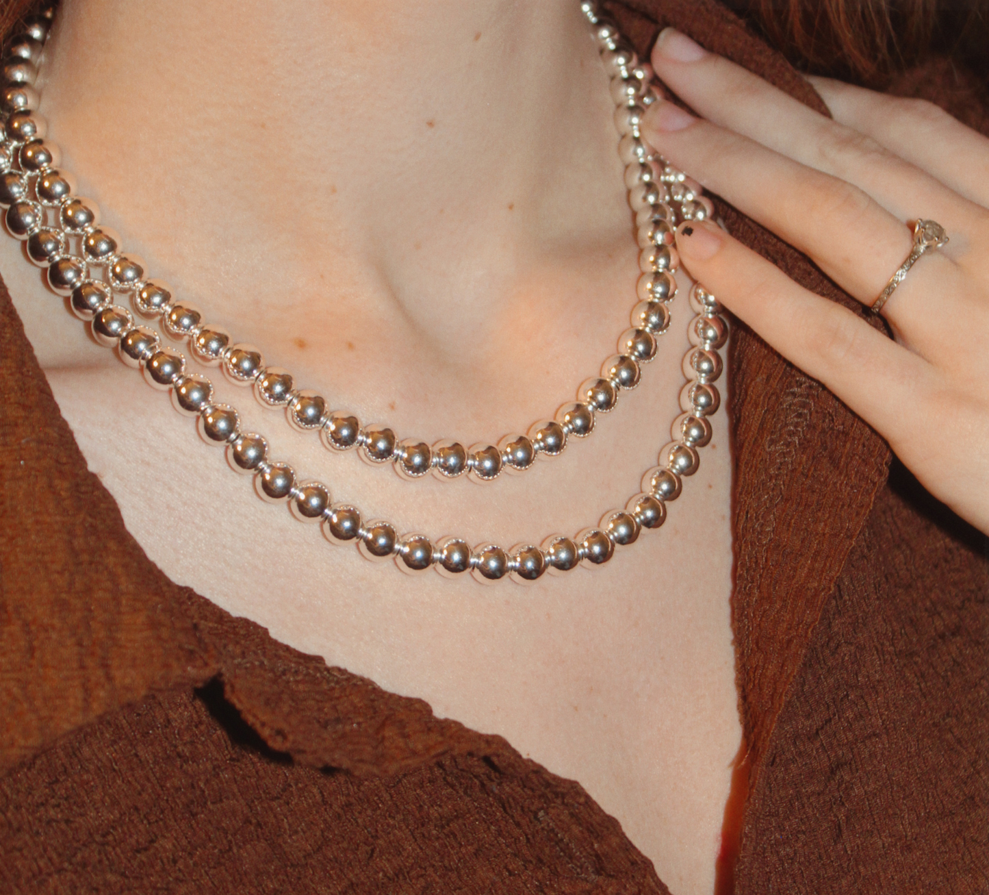 8mm Silver Kris Bead Necklace