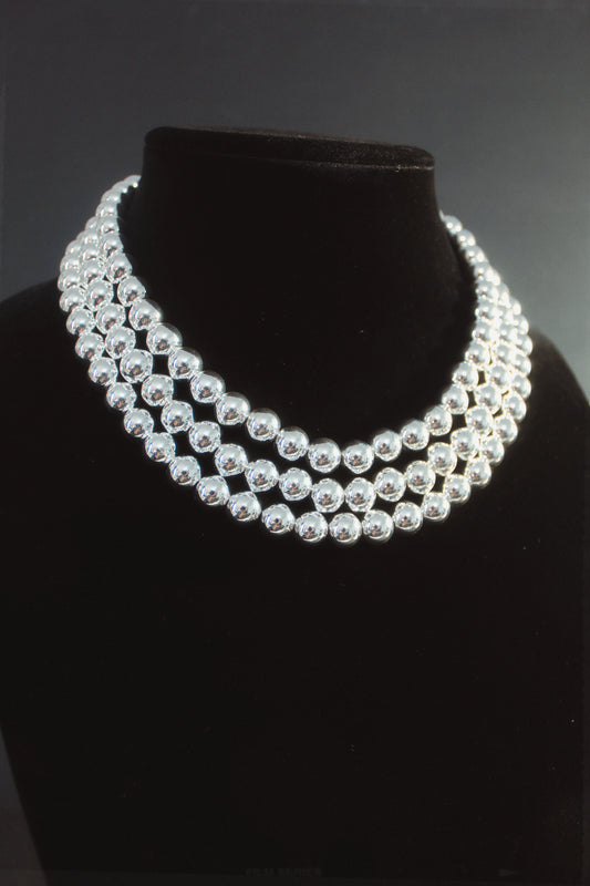 Triple Strand Silver Kris Bead Necklace