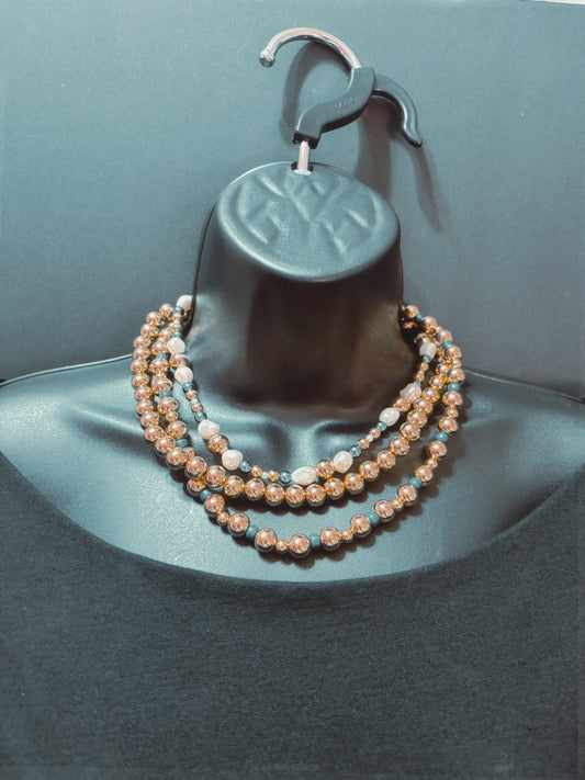Gold, Green and Pearl Kris Bead Triple Strand Necklace