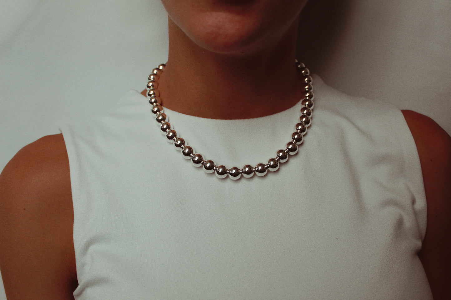 10mm Silver Kris Bead Necklace