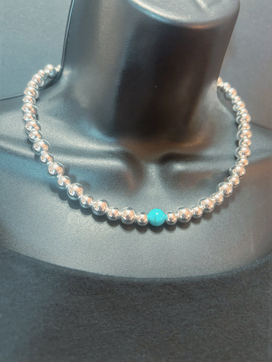 Silver Bead Strand with Teal Cassandra Bead