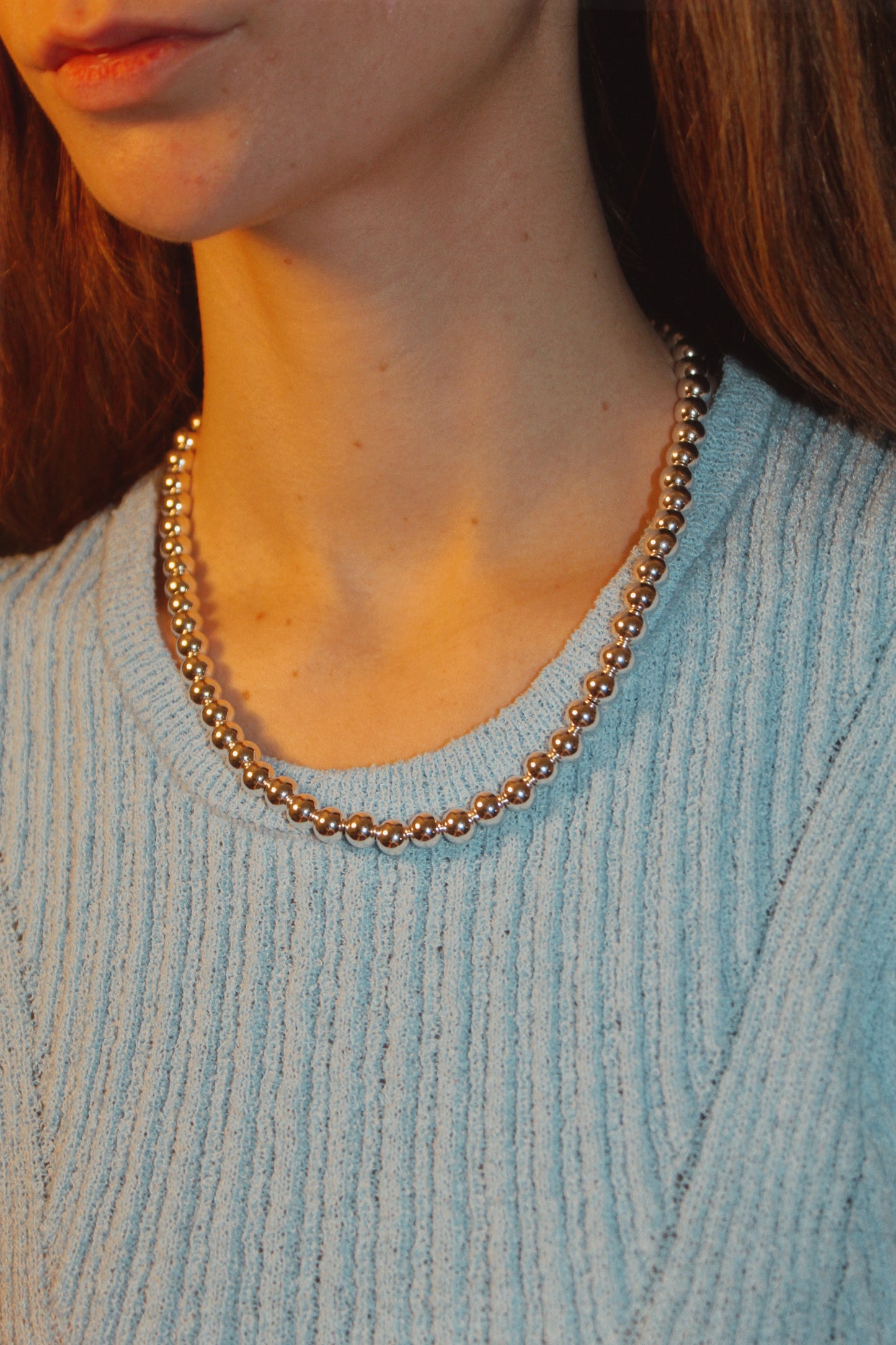 8mm Silver Kris Bead Necklace