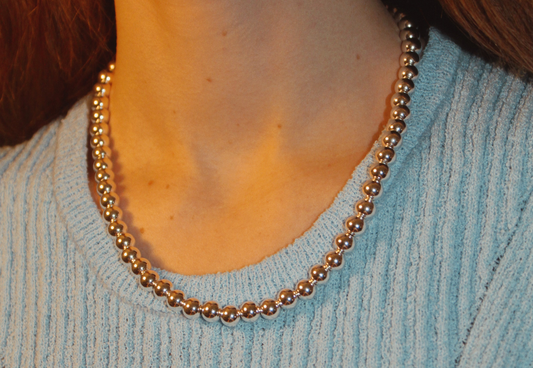 8mm Silver Kris Bead Necklace