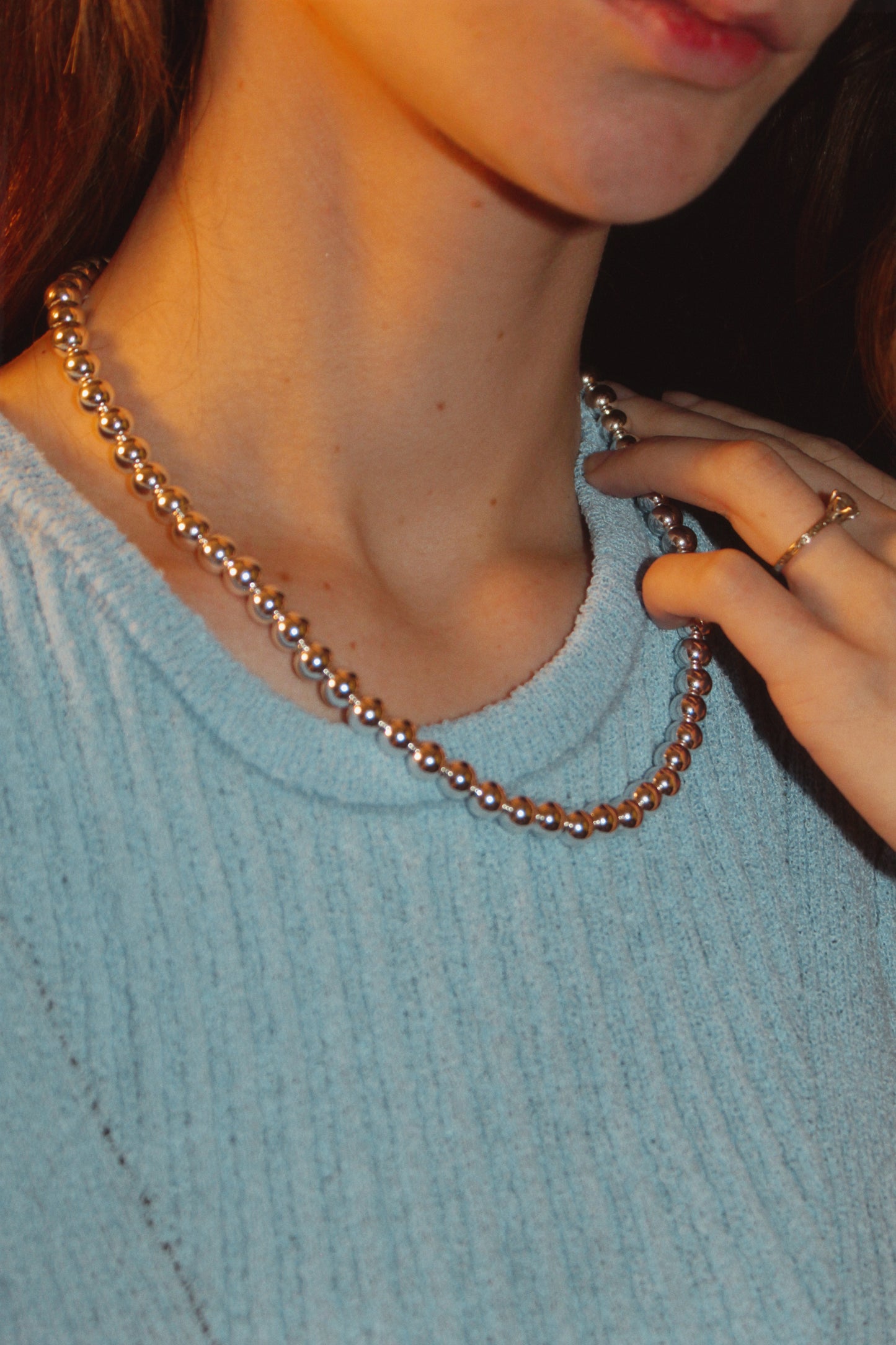 8mm Silver Kris Bead Necklace