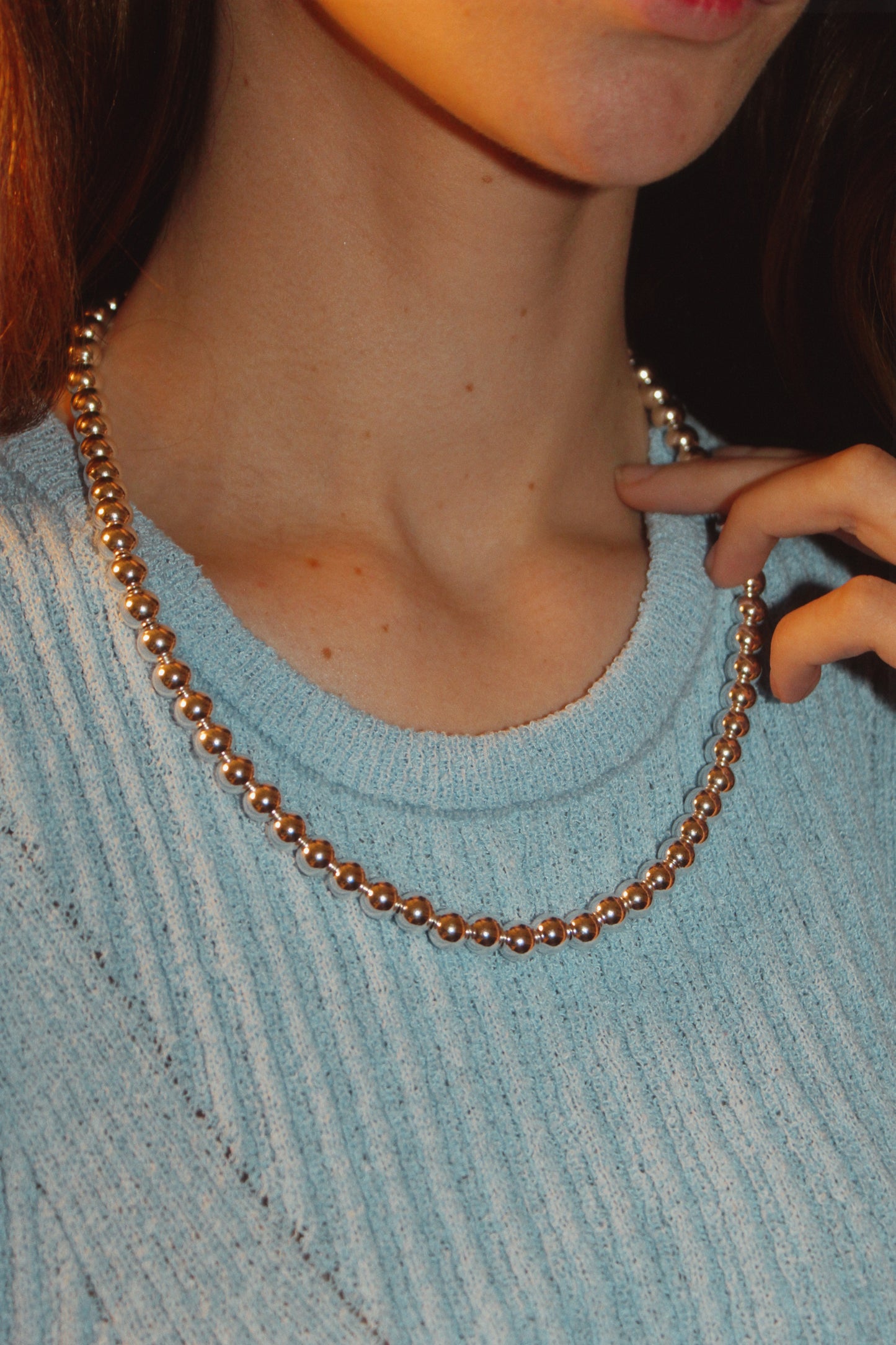 8mm Silver Kris Bead Necklace