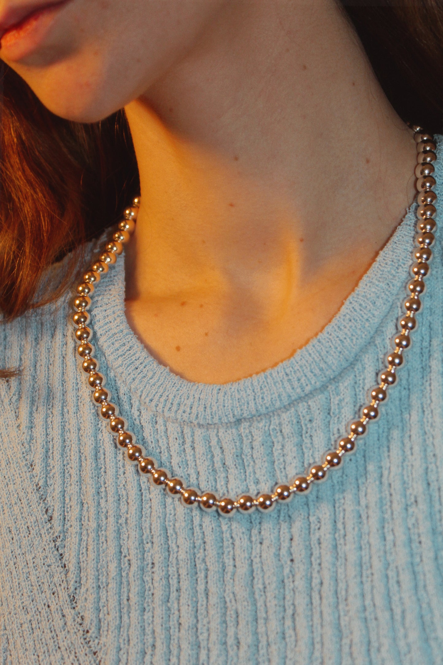 8mm Silver Kris Bead Necklace